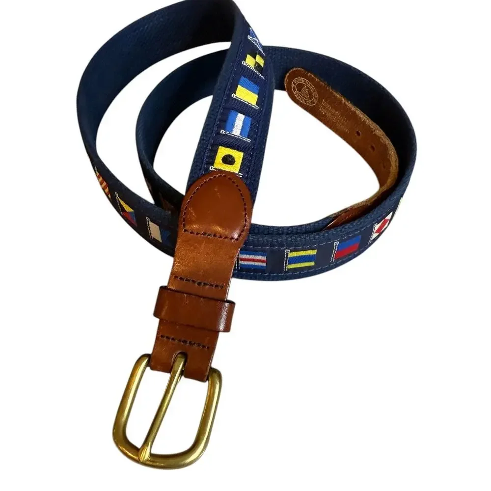 Vintage Canvas Sailing Flag Belt Navy Blue Leather Trim 44